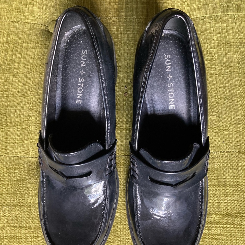 Sun + Stone Patent Black Loafer-style Heels with Thick Sole